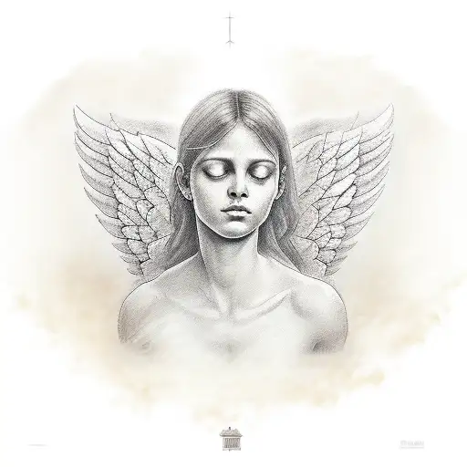 an angel looking up holding a papyrus on which is written "dolor hic tibi proderit olim" tattoo design idea