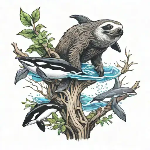 a sloth in a tree  and  a orca in water  tattoo design idea