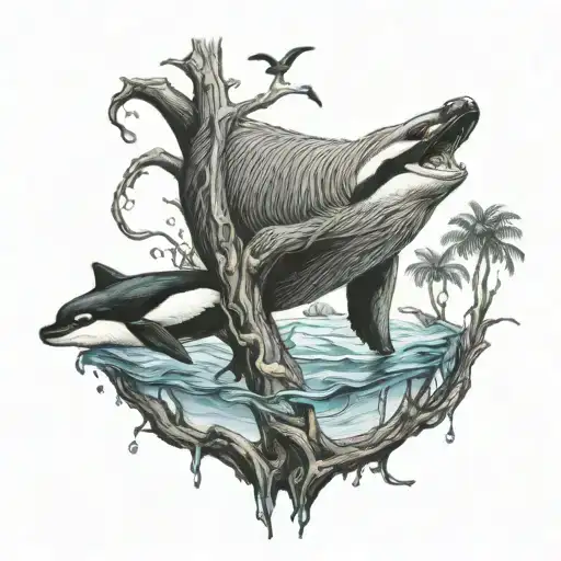 a sloth in a tree  and  a orca in water  tattoo design idea