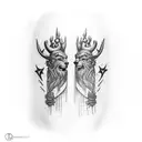 forearm sleeve of artemis and apollo in black and white with woodland theme tattoo design idea