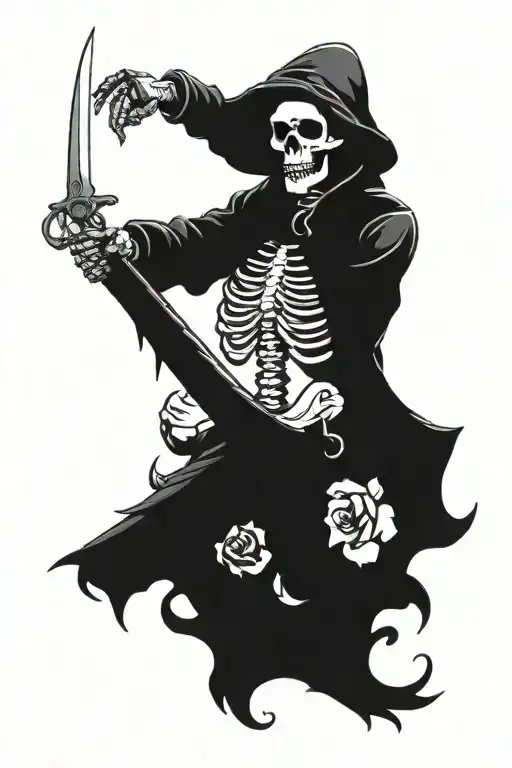 A full-length skeleton with smoking eyes, holding a sword in one hand and scales in the other tattoo design idea
