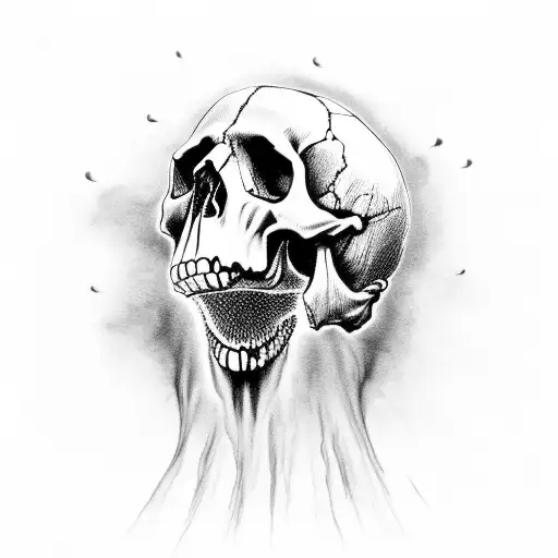 skull open mouth , crown, smoke coming out of skulls mouth, realistic tattoo design idea