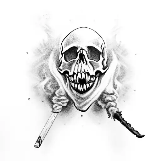 skull open mouth , crown, smoke coming out of skulls mouth, realistic tattoo design idea