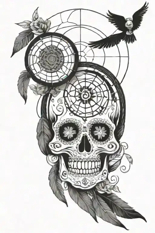dream catcher and Mexican skull  tattoo design idea