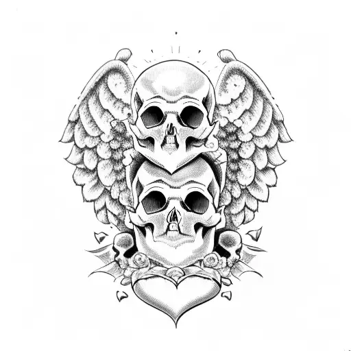 Skull with heart eye sockets and baby angel on top tattoo design idea