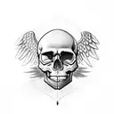 Skull with heart eye sockets and baby angel on top tattoo design idea
