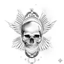 Skull with heart eye sockets and baby angel on top tattoo design idea