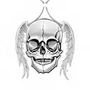 Skull with heart eye sockets and baby angel on top tattoo design idea