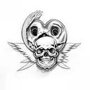 Skull with heart eye sockets and baby angel on top tattoo design idea