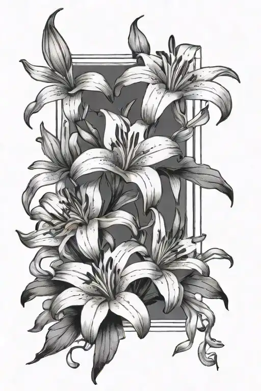 Japanese style lilies in a black and white rectangle tattoo design idea