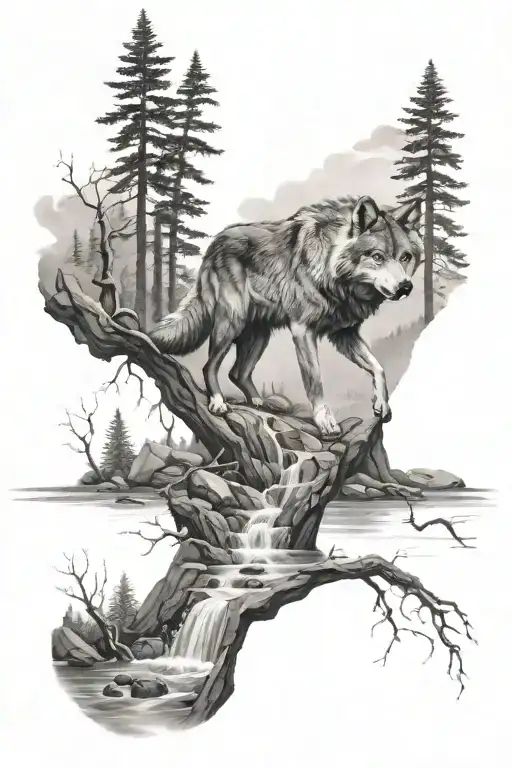 photorealistic greyscale mens lower arm forest tattoo with a wolf drinking from a stream of water coming from the mounta tattoo design idea