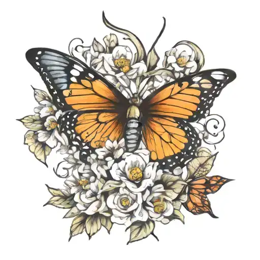 hunting bow  with may, march, and November birth flowers with two butterflies  tattoo design idea