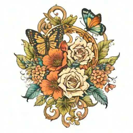 hunting bow with may, November, and march flowers in it. with two butterflies  tattoo design idea