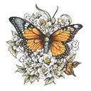 hunting bow  with may, march, and November birth flowers with two butterflies  tattoo design idea