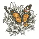 hunting bow  with may, march, and November birth flowers with two butterflies  tattoo design idea