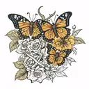 hunting bow  with may, march, and November birth flowers with two butterflies  tattoo design idea