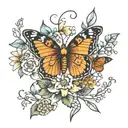 hunting bow  with may, march, and November birth flowers with two butterflies  tattoo design idea