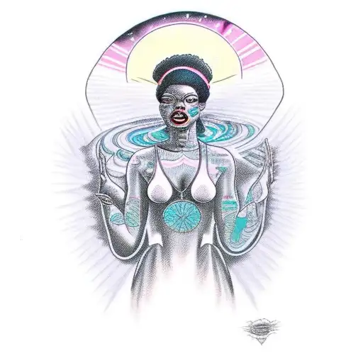 A mesmerizing black woman emerging from a spiritual awakening tattoo design idea