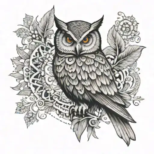 An owl with a dragoon tattooed on its chest, surrounded by a mandala design tattoo design idea