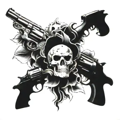 Skulls and revolver tattoo design idea