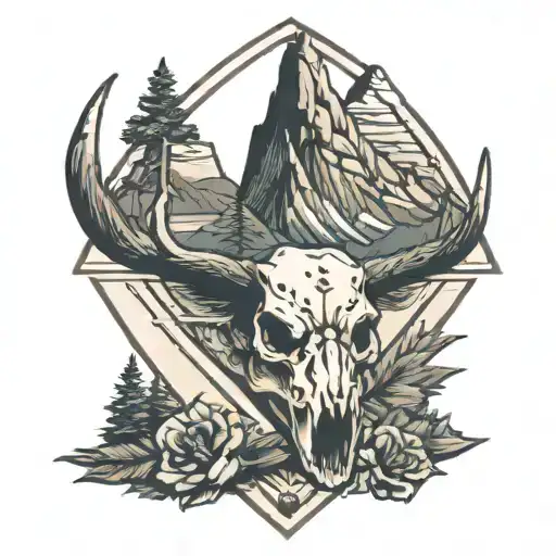 arrowhead with mountain inside with elk skull tattoo design idea