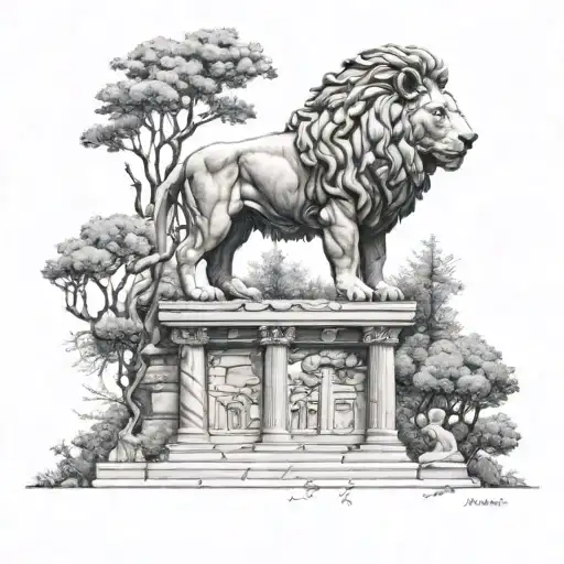 lion statue architecture Forrest trees nature greek tattoo design idea