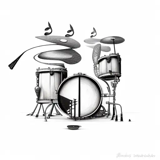 drumsticks with musical, bookish and pets symbols tattoo design idea
