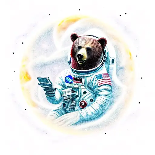 A surreal design of an astronaut bear sitting on the moon, gazing at the galaxy with a alien tattoo design idea