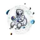 A surreal design of an astronaut bear sitting on the moon, gazing at the galaxy with a alien tattoo design idea
