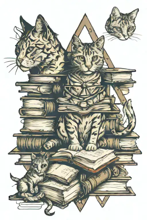 books, cats, math, triangle outline intertwined tattoo design idea