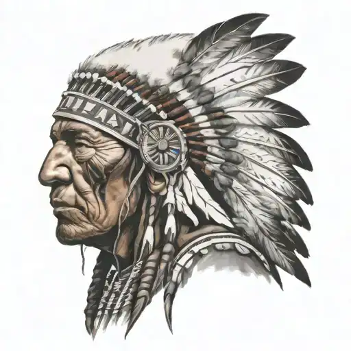 american indian with huge head dress carrying weapons tattoo design idea