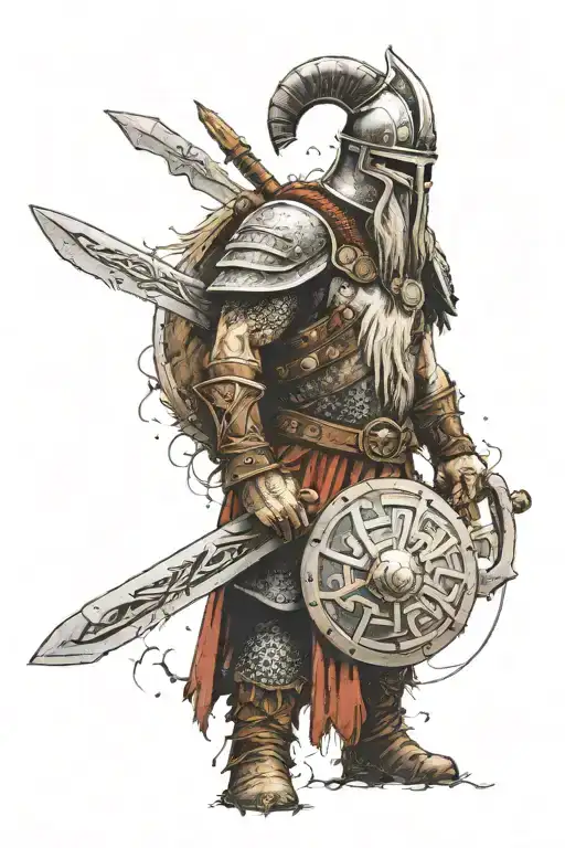 battle worn Viking, with a huge sword and shield and a very intimidating helmet on tattoo design idea