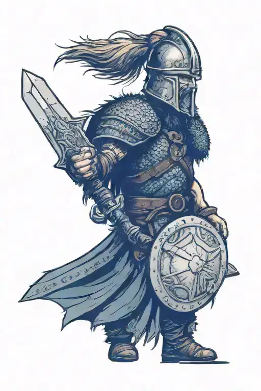 battle worn Viking, with a huge sword and shield and a very intimidating helmet on tattoo design idea