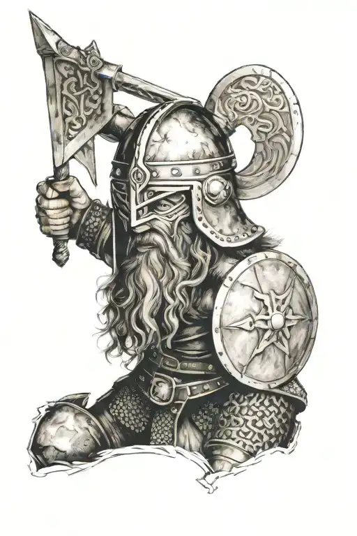 battle worn Viking, with a huge sword and shield and a very intimidating helmet on tattoo design idea