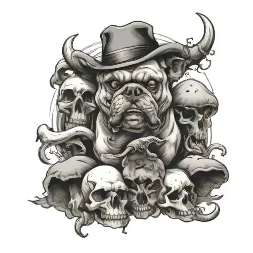 bulldog skull and horse skull surrounded by mushrooms tattoo design idea