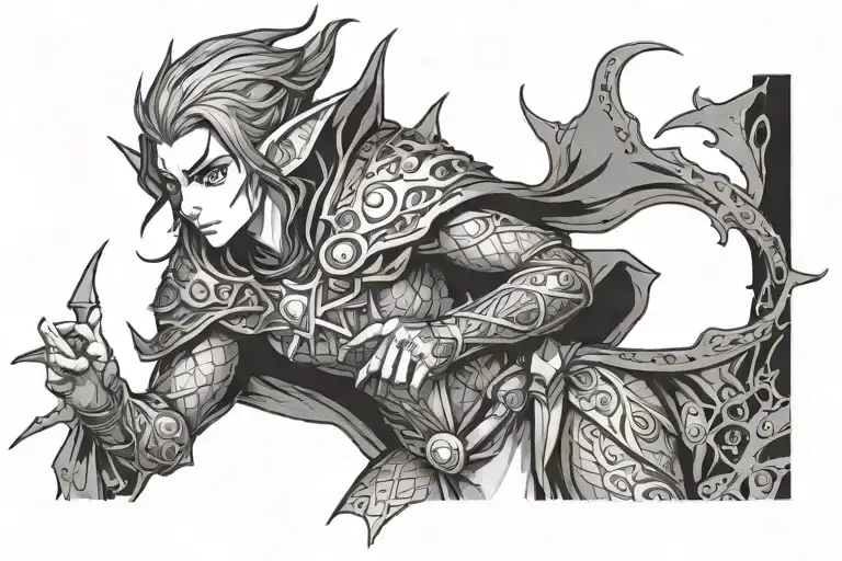 anime black elf dungeons and dragons tattoo design idea