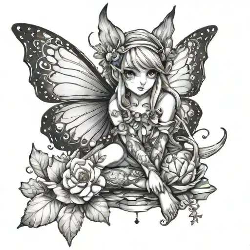 anime elf fairy sitting tattoo design idea