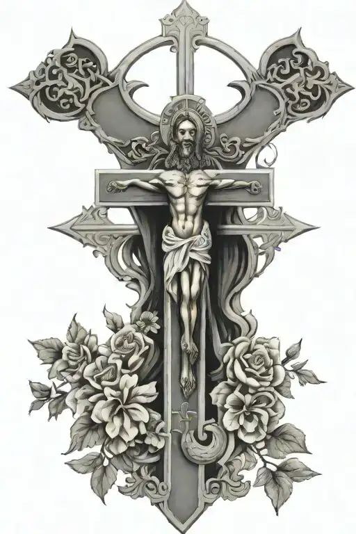 I want an Eastern Orthodox cross with beutifual designs with woards going vertically down saying Jesus Loves All tattoo design idea