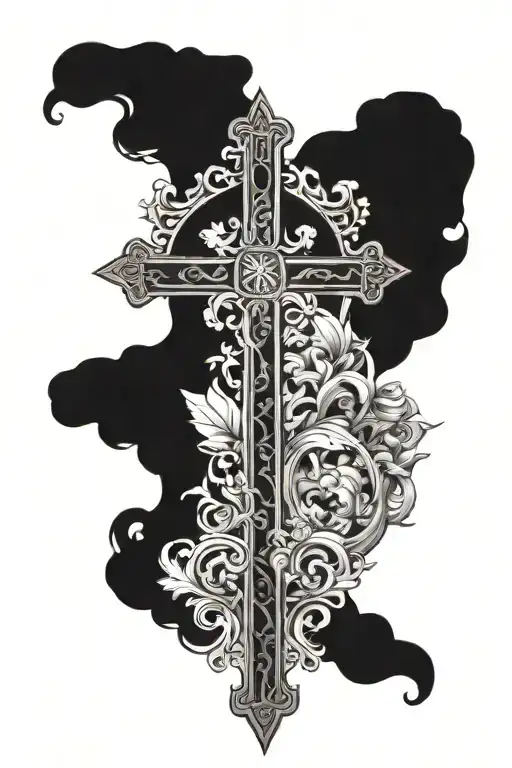 I want an Eastern Orthodox cross with beutifual designs with woards going vertically down saying Jesus Loves All tattoo design idea