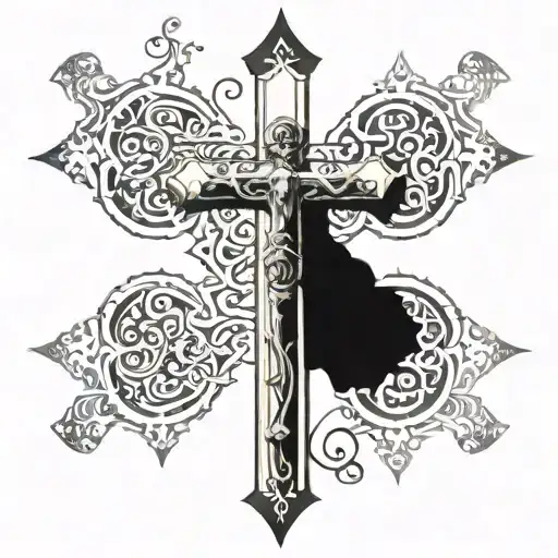 I want an Eastern Orthodox cross with beutifual designs with woards going vertically down saying Jesus Loves All tattoo design idea