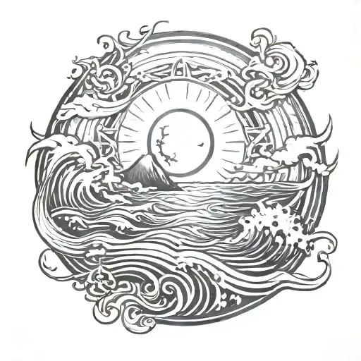 sun moon and ocean waves tattoo design idea