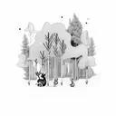 Enchanting forest scene with adorable animal triplets playing amongst the trees tattoo design idea