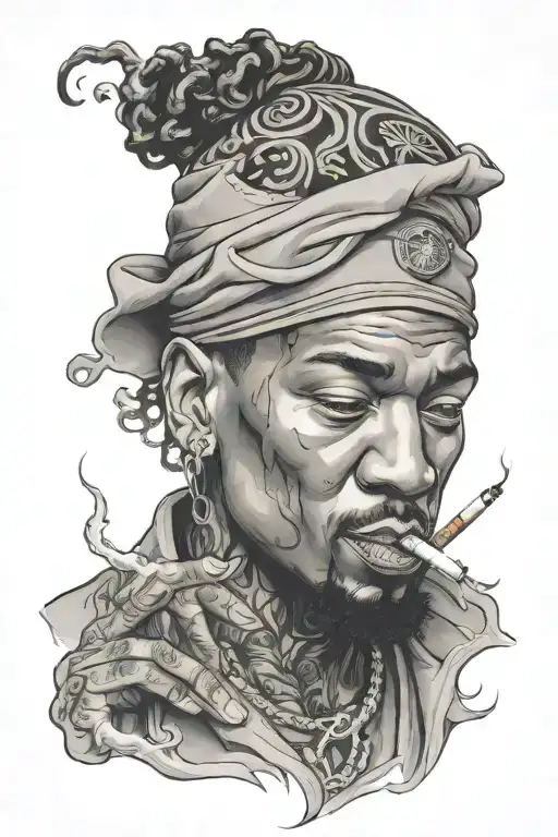 A realistic portrait of a famous hip-hop artist smoking a joint, surrounded by traditional style waves symbolizing drowning tattoo design idea