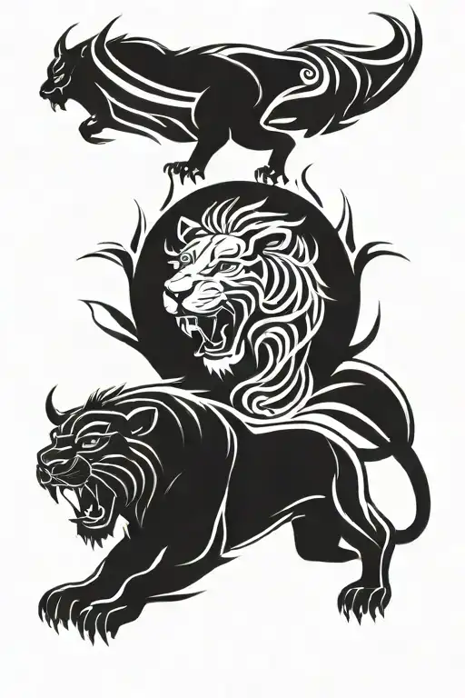 bull and lion roaring tattoo design idea
