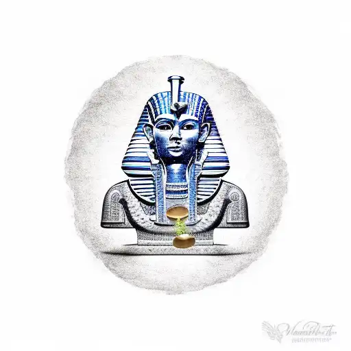 A dotwork tattoo of an Egyptian pharaoh holding a gun with money flying out of the barrel tattoo design idea