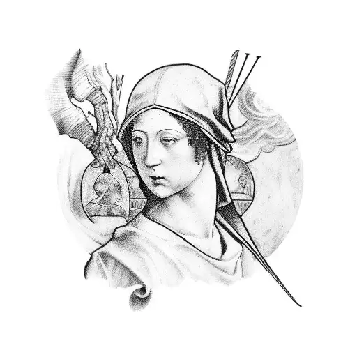 A blackwork tattoo of a Renaissance painting with a hidden crime scene incorporated into the artwork tattoo design idea