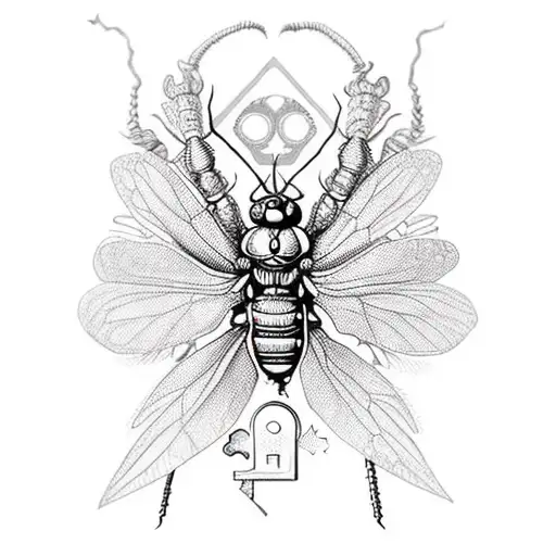 An old school key with intricate insect patterns tattoo design idea