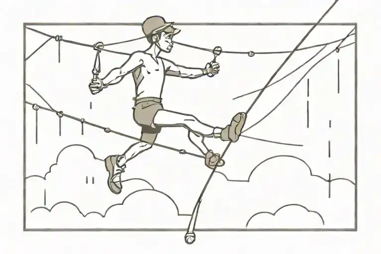 Cartoon of acrobat on tightrope under rain tattoo design idea