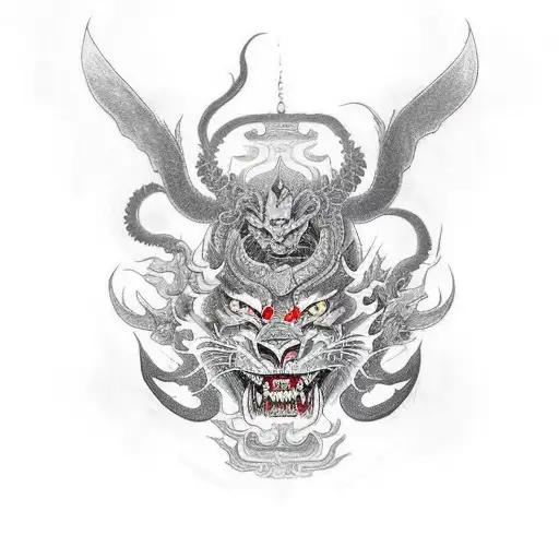 Demon Wants To Be Free With Dragon and Lion Head going from darkness to the light tattoo design idea