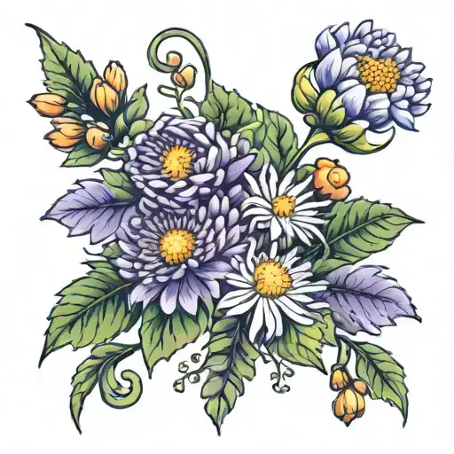 bouquet with aster flowers, chrysanthemum flowers and violets  tattoo design idea